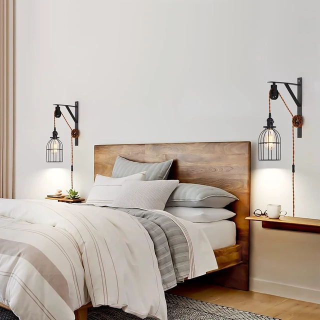Alt view image 2 of 7 - Plug in Pendant Light, Farmhouse Pulley Wall Lamp with 7-Foot Brown Plug in Cord & Switch, Industrial Hanging Lamps that Plug into Wall Outlet
