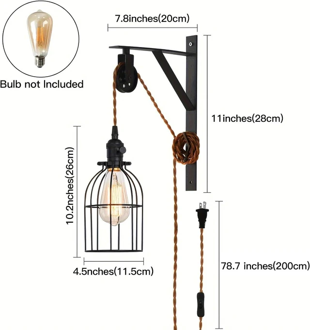 Alt view image 3 of 7 - Plug in Pendant Light, Farmhouse Pulley Wall Lamp with 7-Foot Brown Plug in Cord & Switch, Industrial Hanging Lamps that Plug into Wall Outlet