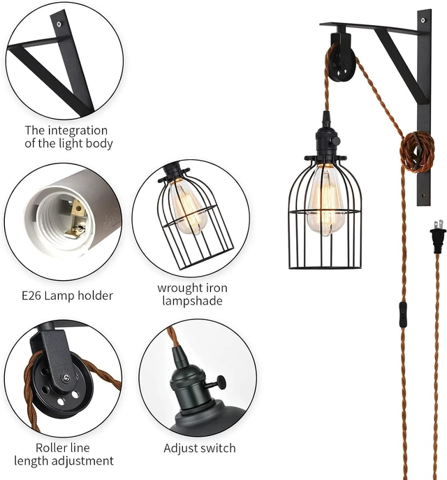 Alt view image 4 of 7 - Plug in Pendant Light, Farmhouse Pulley Wall Lamp with 7-Foot Brown Plug in Cord & Switch, Industrial Hanging Lamps that Plug into Wall Outlet