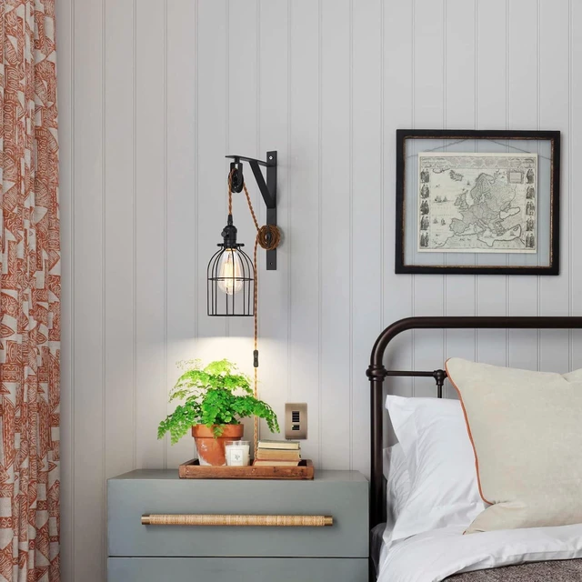 Alt view image 5 of 7 - Plug in Pendant Light, Farmhouse Pulley Wall Lamp with 7-Foot Brown Plug in Cord & Switch, Industrial Hanging Lamps that Plug into Wall Outlet