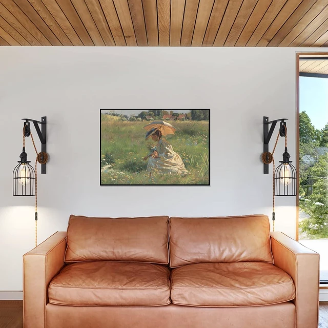 Alt view image 6 of 7 - Plug in Pendant Light, Farmhouse Pulley Wall Lamp with 7-Foot Brown Plug in Cord & Switch, Industrial Hanging Lamps that Plug into Wall Outlet