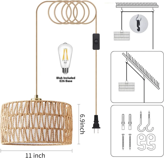 Alt view image 5 of 7 - Plug in Pendant Light Rattan Hanging Lights with Plug in Cord
