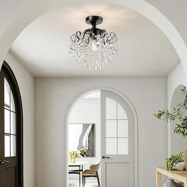 Alt view image 5 of 7 - Mini Black Chandelier Crystal Flush Mount Ceiling Light (1-Light,12.5-Inch),Small Crystal Lighting Fixture for Bedroom,Hallway,Entryway,Kitchen