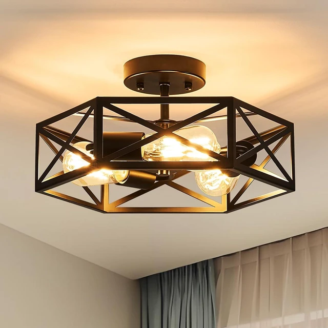 Main image of Black Modern Farmhouse Metal Semi Flush Mount Ceiling Light Fixture 14.6 in