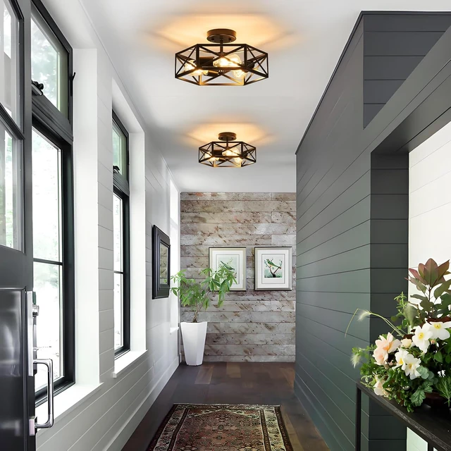 Alt view image 2 of 7 - Black Modern Farmhouse Metal Semi Flush Mount Ceiling Light Fixture 14.6 in