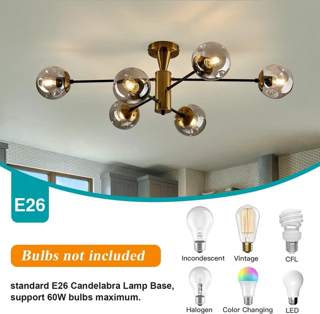 Alt view image 4 of 7 - hesoge Modern Semi Flush Mount Ceiling Light Fixture 6-Light Sputnik Gold Chandelier with Glass Globe Mid Century Ceiling Lighting for Dinning Room Farmhouse Kitchen Bedroom Living Room