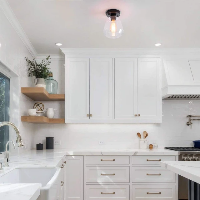 Alt view image 5 of 7 - VILUXY Semi Flush Mount Ceiling Light, Industrial Clear Glass Shade Light Fixtures Ceiling for Hallway, Schoolhouse, Entryway, Kitchen, Dining Room, Laundry Room