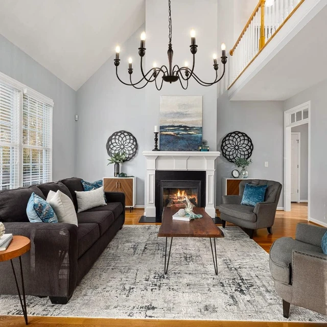 Alt view image 4 of 7 - LynPon 36.6 Farmhouse Chandelier for Dining Room, 8 Lights Industrial Black Chandeliers, Iron Candle Light Fixture Rustic Hanging Ceiling Light for Kitchen Foyer Living Room Entryway