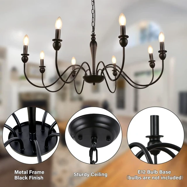 Alt view image 5 of 7 - LynPon 36.6 Farmhouse Chandelier for Dining Room, 8 Lights Industrial Black Chandeliers, Iron Candle Light Fixture Rustic Hanging Ceiling Light for Kitchen Foyer Living Room Entryway