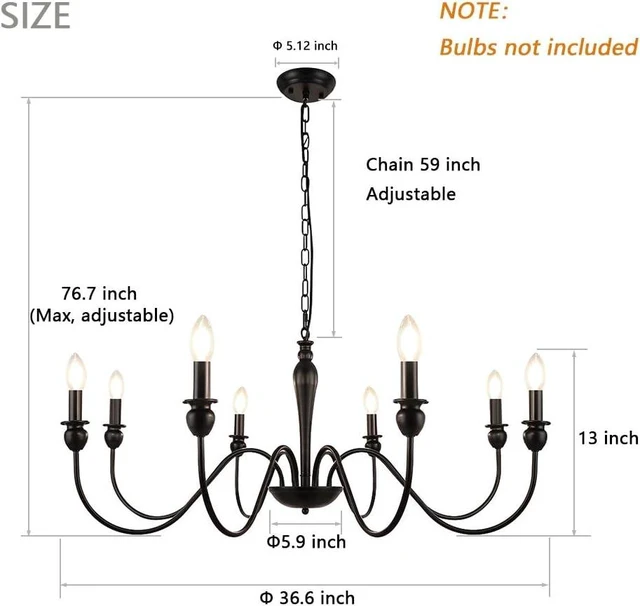 Alt view image 6 of 7 - LynPon 36.6 Farmhouse Chandelier for Dining Room, 8 Lights Industrial Black Chandeliers, Iron Candle Light Fixture Rustic Hanging Ceiling Light for Kitchen Foyer Living Room Entryway