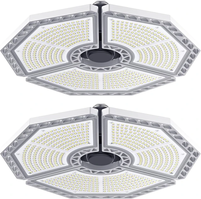 Main image of KERNOWO 2 Pack LED Garage Light, 140W 18500 Lumens Garage Lighting, 6000K Daylight with Deformable Three Panels Ceiling Light Fixture E26/E27 Triple Glow LED Shop Light for Basement Workshop