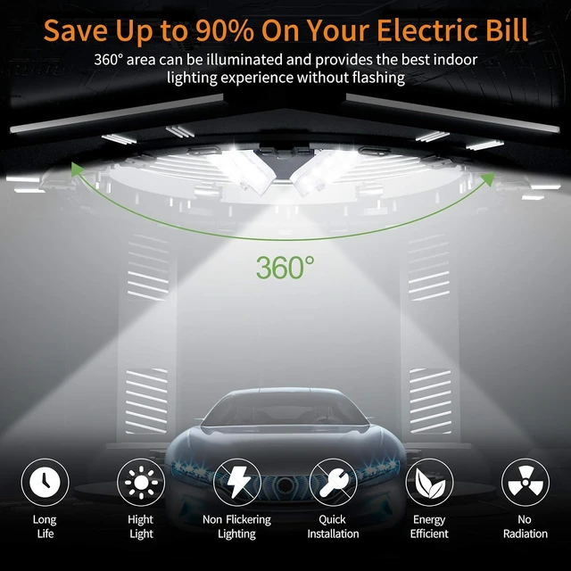 Alt view image 6 of 7 - KERNOWO 2 Pack LED Garage Light, 140W 18500 Lumens Garage Lighting, 6000K Daylight with Deformable Three Panels Ceiling Light Fixture E26/E27 Triple Glow LED Shop Light for Basement Workshop