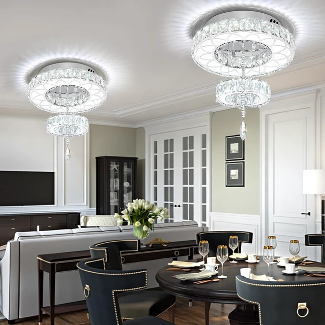 Alt view image 2 of 7 - Flashing God 16inch Modern Mini Crystal Chandelier for Hallway LED Crystal Ring Chandeliers Dimmable Flush Mount Ceiling Light for Dining Room Living Room Bedroom