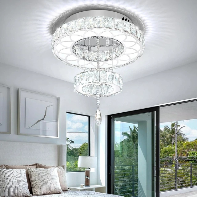 Alt view image 5 of 7 - Flashing God 16inch Modern Mini Crystal Chandelier for Hallway LED Crystal Ring Chandeliers Dimmable Flush Mount Ceiling Light for Dining Room Living Room Bedroom