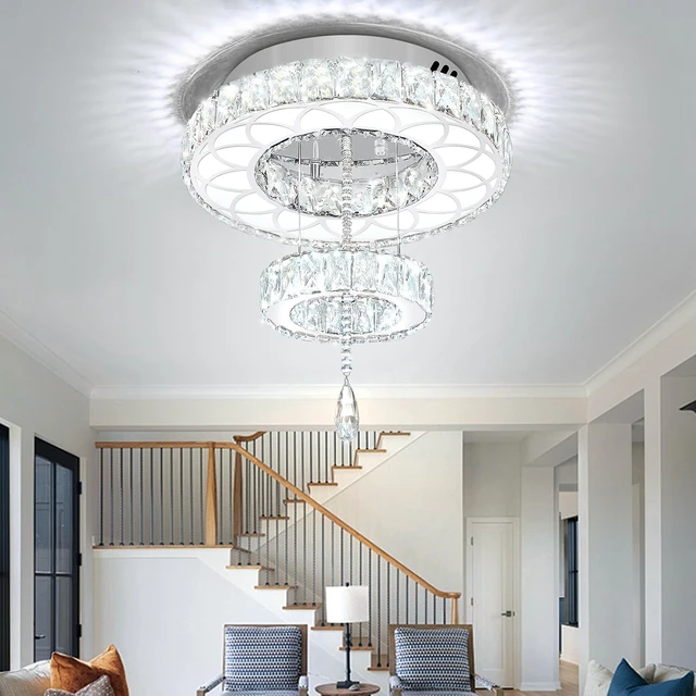 Alt view image 7 of 7 - Flashing God 16inch Modern Mini Crystal Chandelier for Hallway LED Crystal Ring Chandeliers Dimmable Flush Mount Ceiling Light for Dining Room Living Room Bedroom