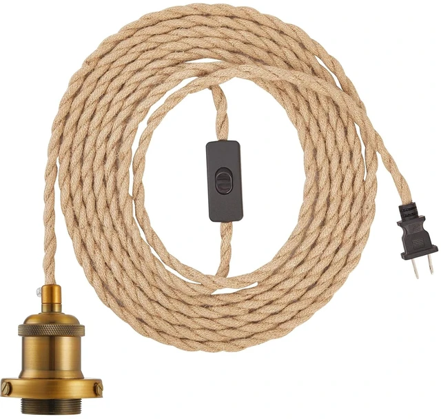 Main image of 15.4ft Pendant Light Cord Kit, Industrial Vintage Plug in E26 Socket Hanging Light with Switch, Hemp Rope Hanging Light Fixture for Pendant Lamp Farmhouse Lamp Cable DIY