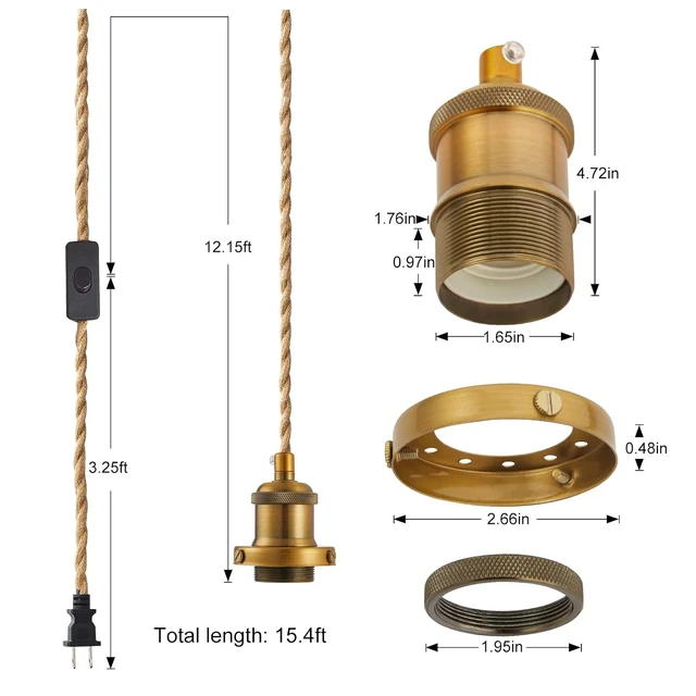 Alt view image 2 of 7 - 15.4ft Pendant Light Cord Kit, Industrial Vintage Plug in E26 Socket Hanging Light with Switch, Hemp Rope Hanging Light Fixture for Pendant Lamp Farmhouse Lamp Cable DIY