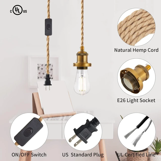 Alt view image 3 of 7 - 15.4ft Pendant Light Cord Kit, Industrial Vintage Plug in E26 Socket Hanging Light with Switch, Hemp Rope Hanging Light Fixture for Pendant Lamp Farmhouse Lamp Cable DIY