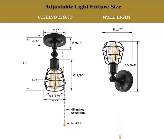 Alt view image 4 of 5 - Industrial Farmhouse Close to Ceiling Light with Pull Chain 1 Light Black Semi Flush Mount Ceiling Light Adjustable Metal Cage Directional Wall Sconce Wall Lamp with Pull String for Kitchen Laundry