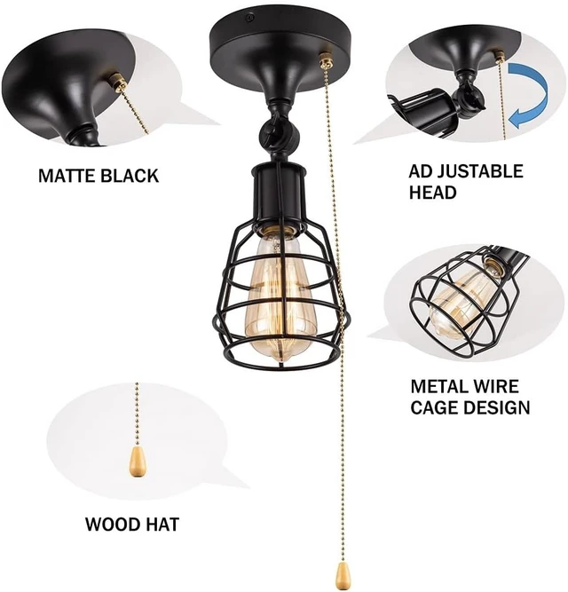 Alt view image 5 of 5 - Industrial Farmhouse Close to Ceiling Light with Pull Chain 1 Light Black Semi Flush Mount Ceiling Light Adjustable Metal Cage Directional Wall Sconce Wall Lamp with Pull String for Kitchen Laundry