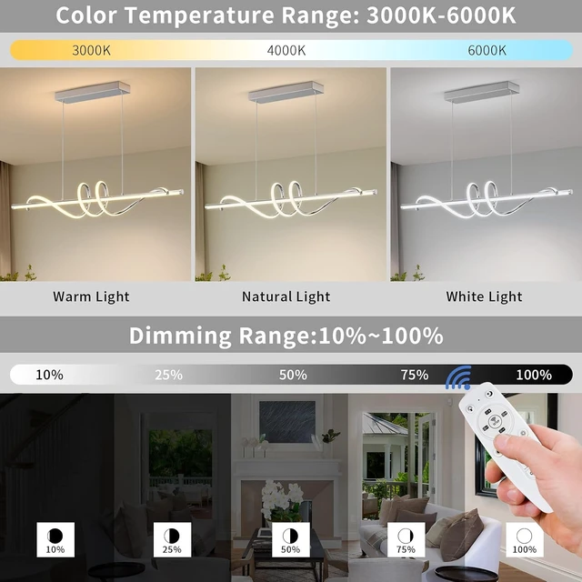 Alt view image 2 of 7 - Modern Pendant Light Kitchen Island 39in Dimmable Hanging Lamp 3000k-6000K Adjustable Warm/Nautral/White with Remote Control, Kitchen Island Lighting Chrome Silver