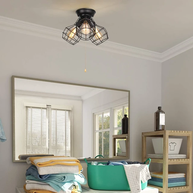 Alt view image 2 of 7 - LALUZ Farmhouse Semi Flush Mount Ceiling Light Fixture, 3-Light Oil Black Pull String Industrial Cage Ceiling Light Fixture for Bedroom, Hallway, Kitchen, Dining & Living Room, Foyer and Bathroom