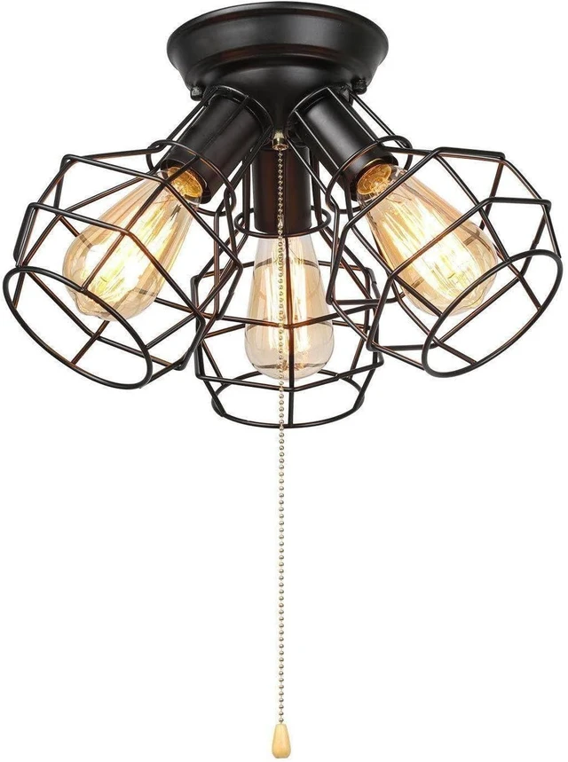Main image of LALUZ Farmhouse Semi Flush Mount Ceiling Light Fixture, 3-Light Oil Black Pull String Industrial Cage Ceiling Light Fixture for Bedroom, Hallway, Kitchen, Dining & Living Room, Foyer and Bathroom