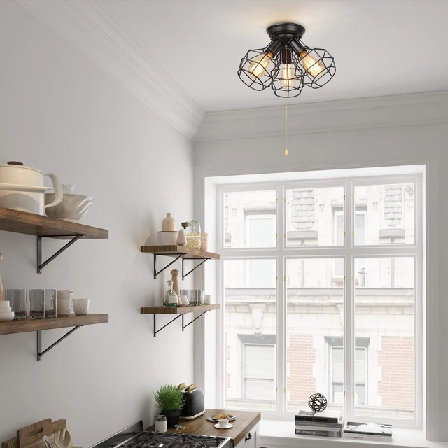 Alt view image 3 of 7 - LALUZ Farmhouse Semi Flush Mount Ceiling Light Fixture, 3-Light Oil Black Pull String Industrial Cage Ceiling Light Fixture for Bedroom, Hallway, Kitchen, Dining & Living Room, Foyer and Bathroom