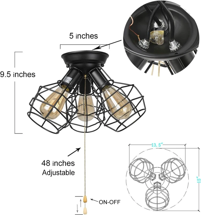 Alt view image 4 of 7 - LALUZ Farmhouse Semi Flush Mount Ceiling Light Fixture, 3-Light Oil Black Pull String Industrial Cage Ceiling Light Fixture for Bedroom, Hallway, Kitchen, Dining & Living Room, Foyer and Bathroom