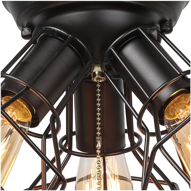 Alt view image 5 of 7 - LALUZ Farmhouse Semi Flush Mount Ceiling Light Fixture, 3-Light Oil Black Pull String Industrial Cage Ceiling Light Fixture for Bedroom, Hallway, Kitchen, Dining & Living Room, Foyer and Bathroom