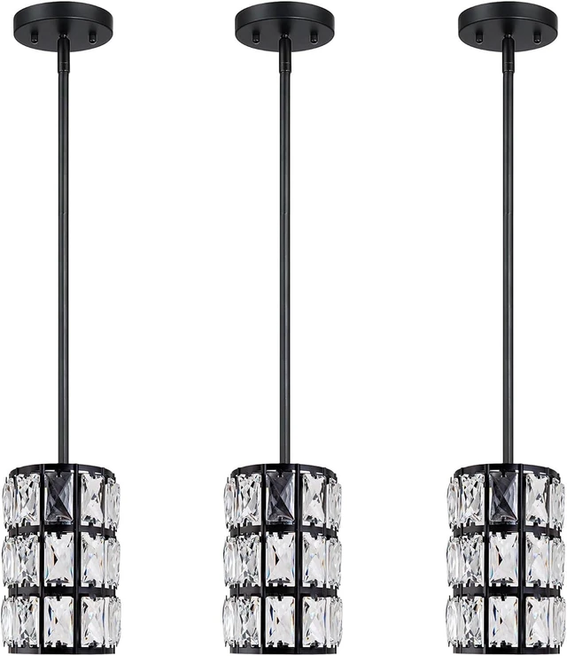 Main image of 3 Pack Black Crystal Pendant Light, Modern Glam Linear Chandelier