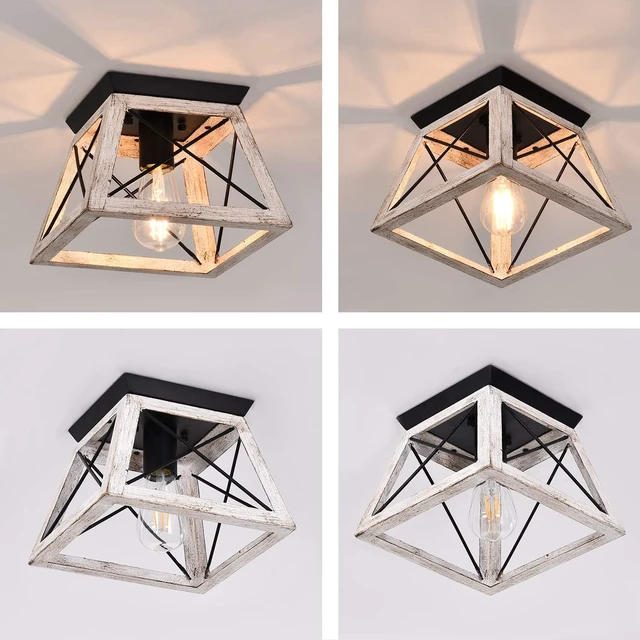 Alt view image 5 of 7 - Luupyia 9.84Inches Farmhouse Ceiling Light Fixture Semi Flush Mount, White Square Farmhouse Ceiling Light, Rustic Metal Island Overhead Lighting Fixtures for Dining Room Entryway Living Room, E26