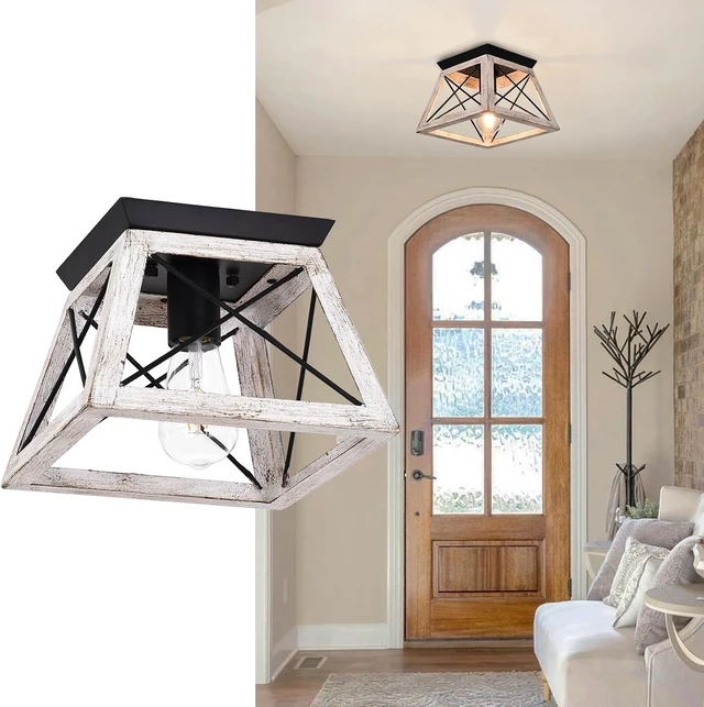 Alt view image 6 of 7 - Luupyia 9.84Inches Farmhouse Ceiling Light Fixture Semi Flush Mount, White Square Farmhouse Ceiling Light, Rustic Metal Island Overhead Lighting Fixtures for Dining Room Entryway Living Room, E26