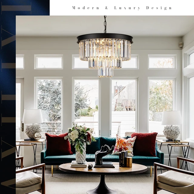 Alt view image 4 of 7 - Black Crystal Chandelier Modern 20" Round Light Fixtures for Living Room