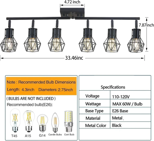 Alt view image 4 of 7 - Matte Black Ceiling Mount Track Lighting 6-Light E26 for Kitchen