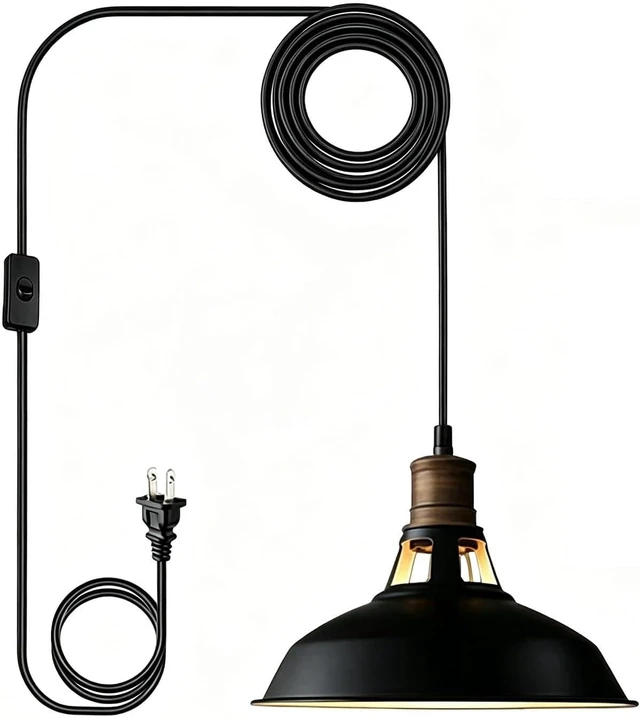 Main image of CLAXY Black Plug-in Pendant Light Metal Barn Lights with On/Off Switch