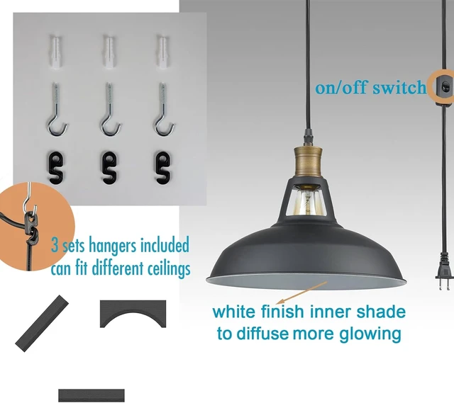 Alt view image 4 of 7 - CLAXY Black Plug-in Pendant Light Metal Barn Lights with On/Off Switch