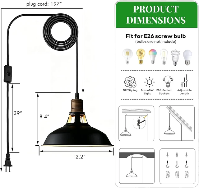 Alt view image 6 of 7 - CLAXY Black Plug-in Pendant Light Metal Barn Lights with On/Off Switch