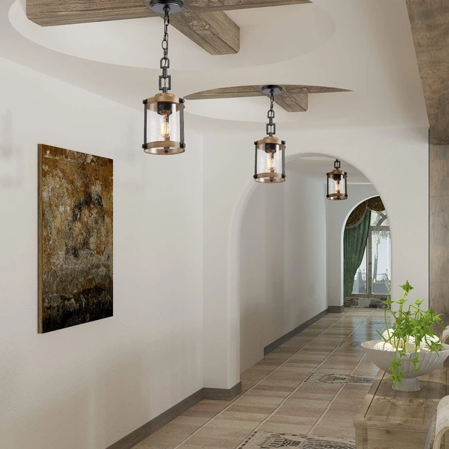 Alt view image 5 of 6 - LOG BARN Pendant Lighting for Kitchen Island, Farmhouse Mini Chandelier in Faux Wood Metal with Bubbled Glass Shade, Rustic Ceiling Fixture Hanging for Dining Room, Hallway