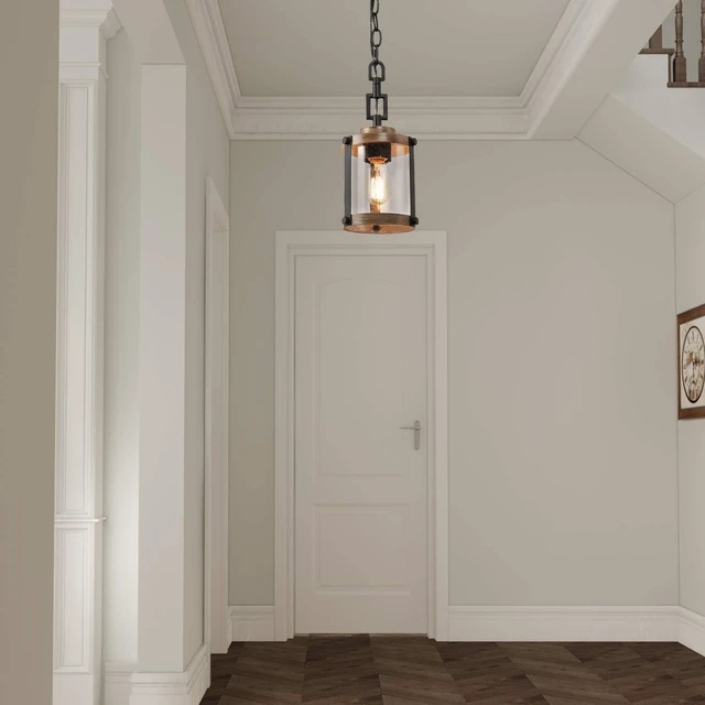 Alt view image 6 of 6 - LOG BARN Pendant Lighting for Kitchen Island, Farmhouse Mini Chandelier in Faux Wood Metal with Bubbled Glass Shade, Rustic Ceiling Fixture Hanging for Dining Room, Hallway