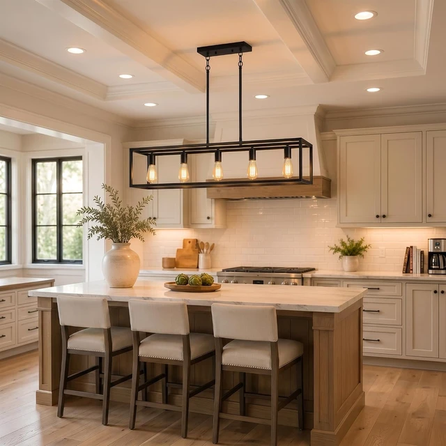 Alt view image 2 of 7 - Black Farmhouse Kitchen Island Lighting, Modern Industrial Chandelier, 5-Light Linear Rectangular Pendant Light Fixtures for Farmhouse Kitchen Dining Room Bar Foyer(Metal, Height Adjustable)