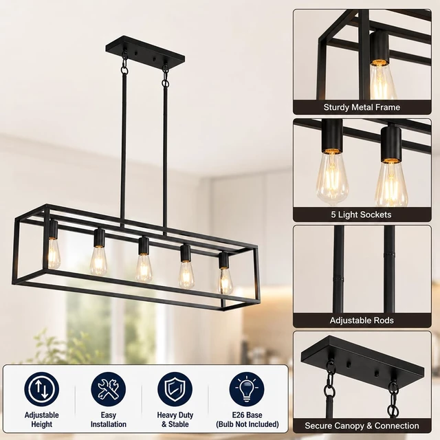 Alt view image 4 of 7 - Black Farmhouse Kitchen Island Lighting, Modern Industrial Chandelier, 5-Light Linear Rectangular Pendant Light Fixtures for Farmhouse Kitchen Dining Room Bar Foyer(Metal, Height Adjustable)