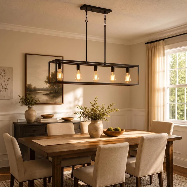 Alt view image 5 of 7 - Black Farmhouse Kitchen Island Lighting, Modern Industrial Chandelier, 5-Light Linear Rectangular Pendant Light Fixtures for Farmhouse Kitchen Dining Room Bar Foyer(Metal, Height Adjustable)