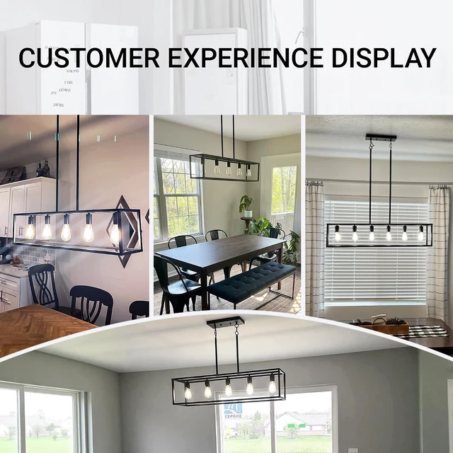 Alt view image 6 of 7 - Black Farmhouse Kitchen Island Lighting, Modern Industrial Chandelier, 5-Light Linear Rectangular Pendant Light Fixtures for Farmhouse Kitchen Dining Room Bar Foyer(Metal, Height Adjustable)