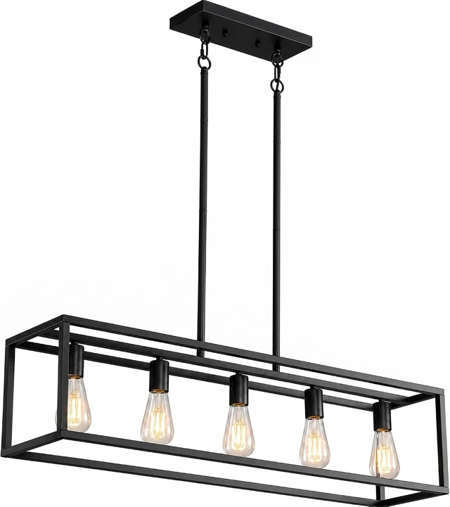 Alt view image 7 of 7 - Black Farmhouse Kitchen Island Lighting, Modern Industrial Chandelier, 5-Light Linear Rectangular Pendant Light Fixtures for Farmhouse Kitchen Dining Room Bar Foyer(Metal, Height Adjustable)