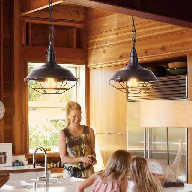 Alt view image 3 of 6 - Black Farmhouse Pendant Light - 2 Pack Industrial Vintage Hanging Light Fixtures Metal Wire Cage Pendant Lighting with Adjustable Chain for Kitchen Barn Hallway Porch Dining Room