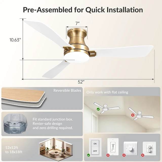 Alt view image 7 of 7 - OFANTOP 52 Inch Flush Mount White Gold Ceiling Fan with Lights and Remote