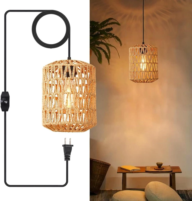 Main image of Plug in Pendant Light, Rattan Hanging Lights with Plug in Cord 15ft Dimmable Cord, Hand Woven Wicker Lampshade Hanging Lamp, Boho Plug in Hanging Ceiling Light Fixture for Farmhouse Bedroom