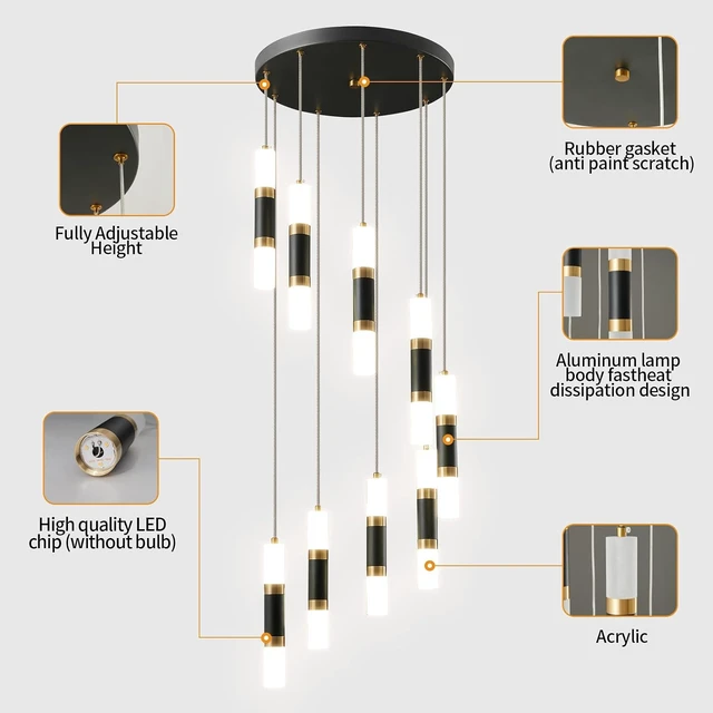 Alt view image 2 of 6 - 9-Light Chandelier LED 54W Dimmable Chandeliers for Entryway Pendant Light Fixture Chandeliers for Staircase Lobby Black Gold Lighting Modern High Ceiling Chandelier