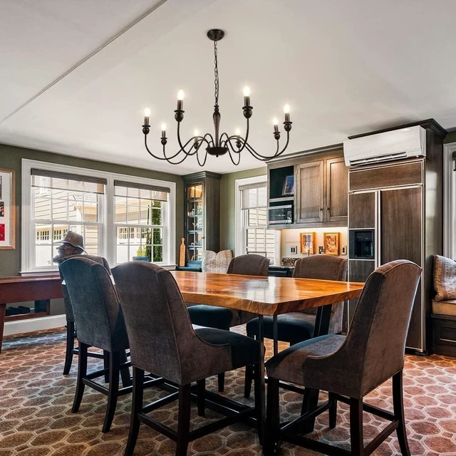 Alt view image 3 of 7 - LynPon 36.6 Farmhouse Chandelier for Dining Room, 8 Lights Industrial Black Chandeliers, Iron Candle Light Fixture Rustic Hanging Ceiling Light for Kitchen Foyer Living Room Entryway